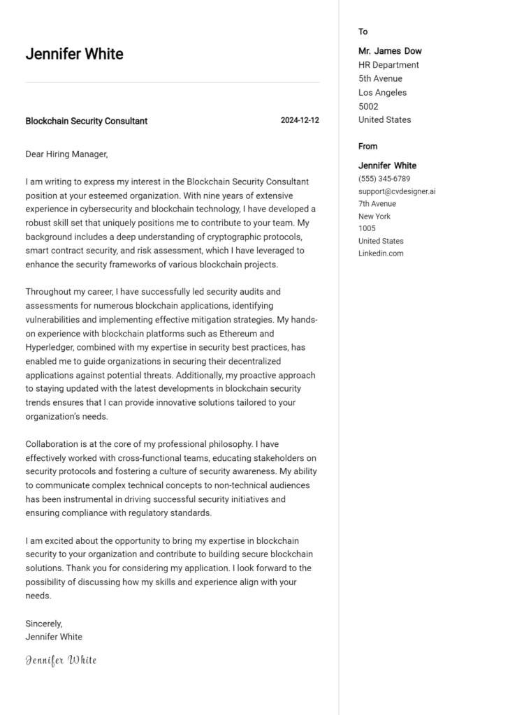 blockchain security consultant cover letter example