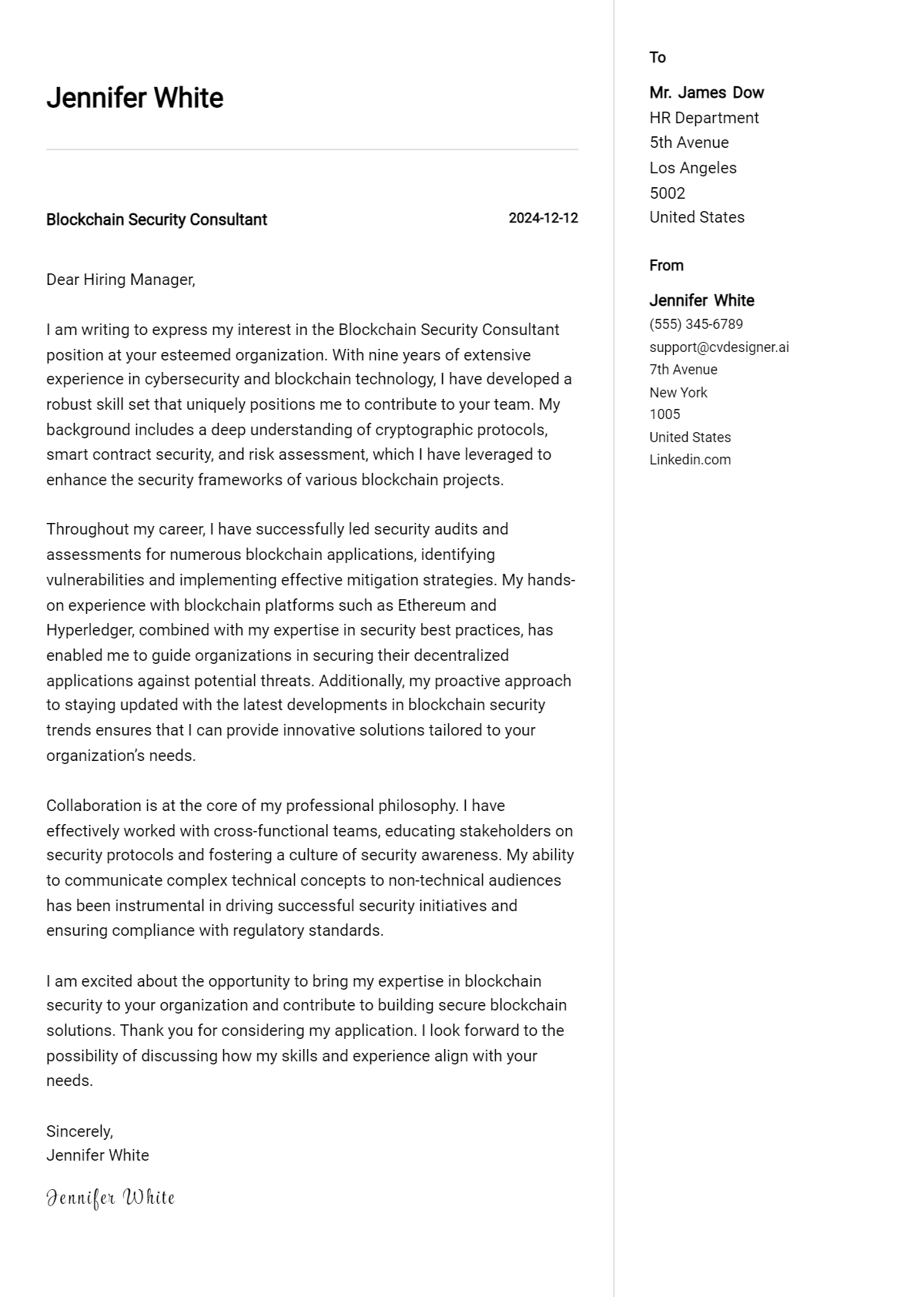 blockchain security consultant cover letter example