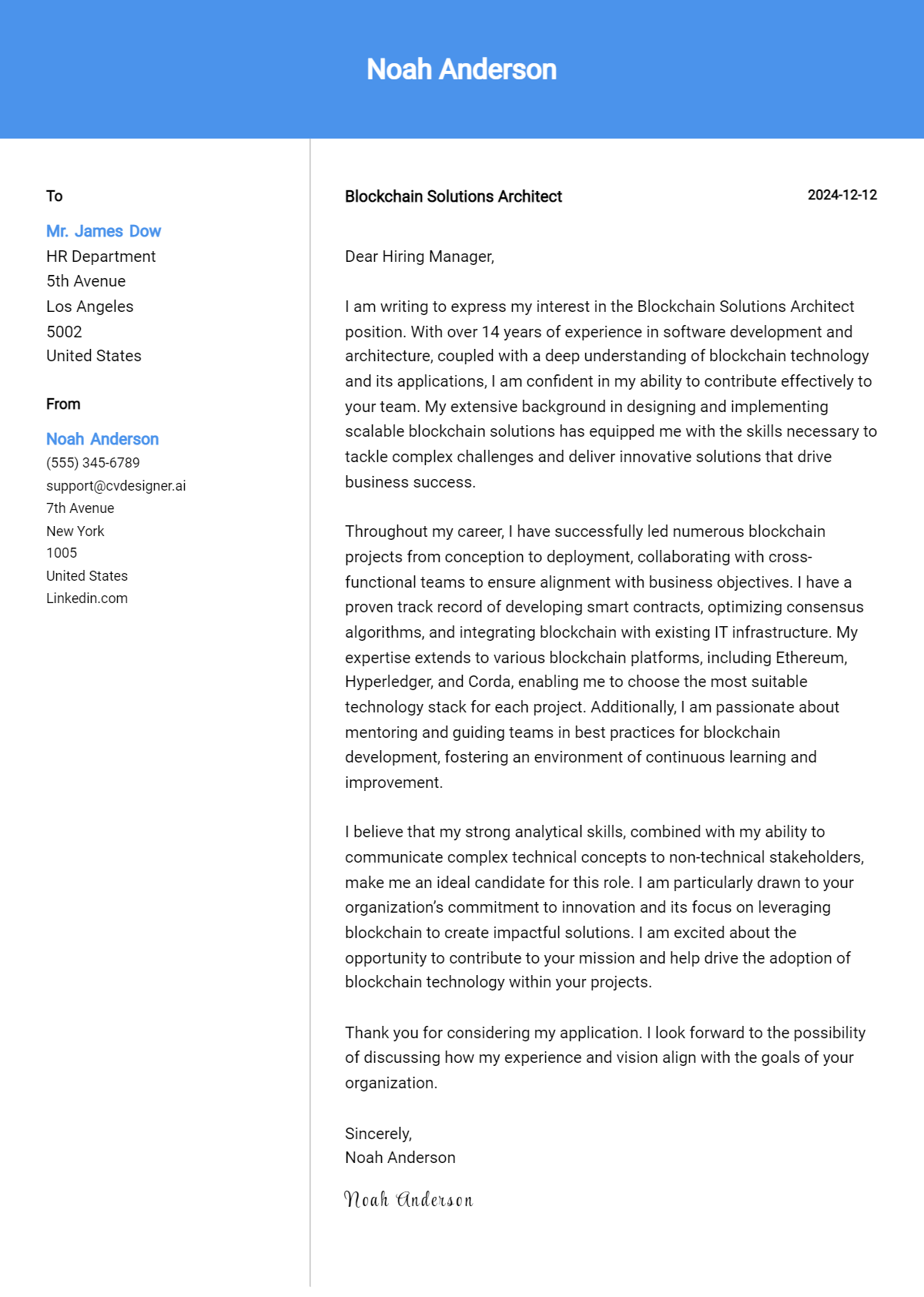 blockchain solutions architect cover letter example