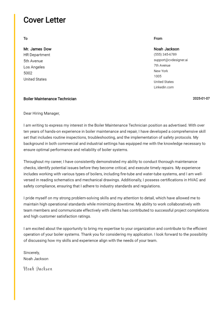 boiler maintenance technician cover letter example