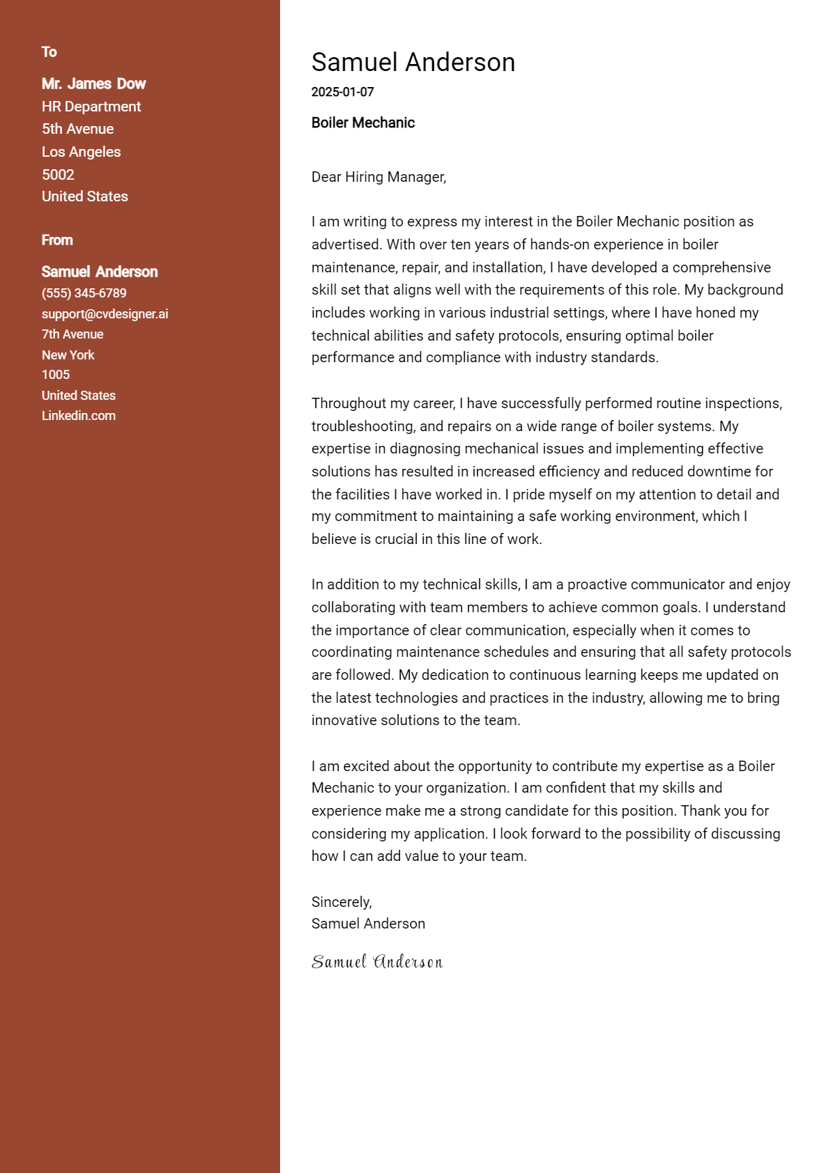 boiler mechanic cover letter example