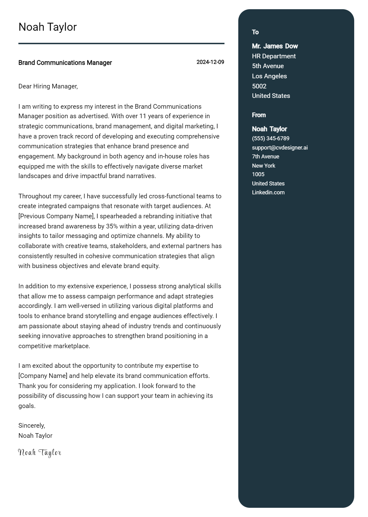 brand communications manager cover letter example