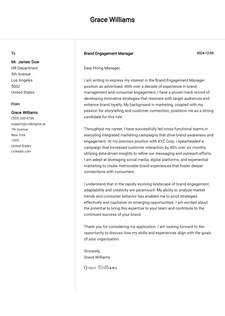 brand engagement manager cover letter example