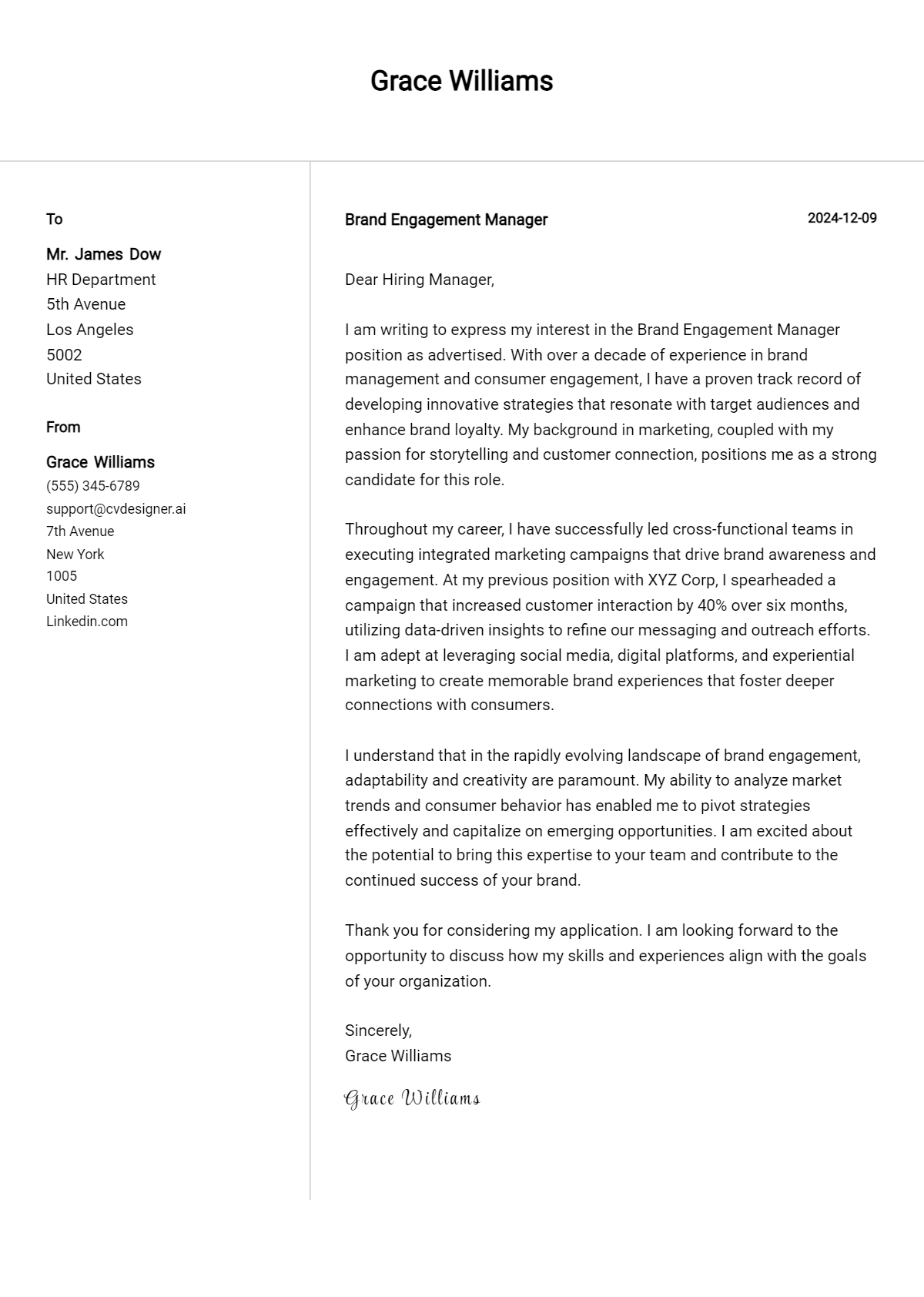 brand engagement manager cover letter example