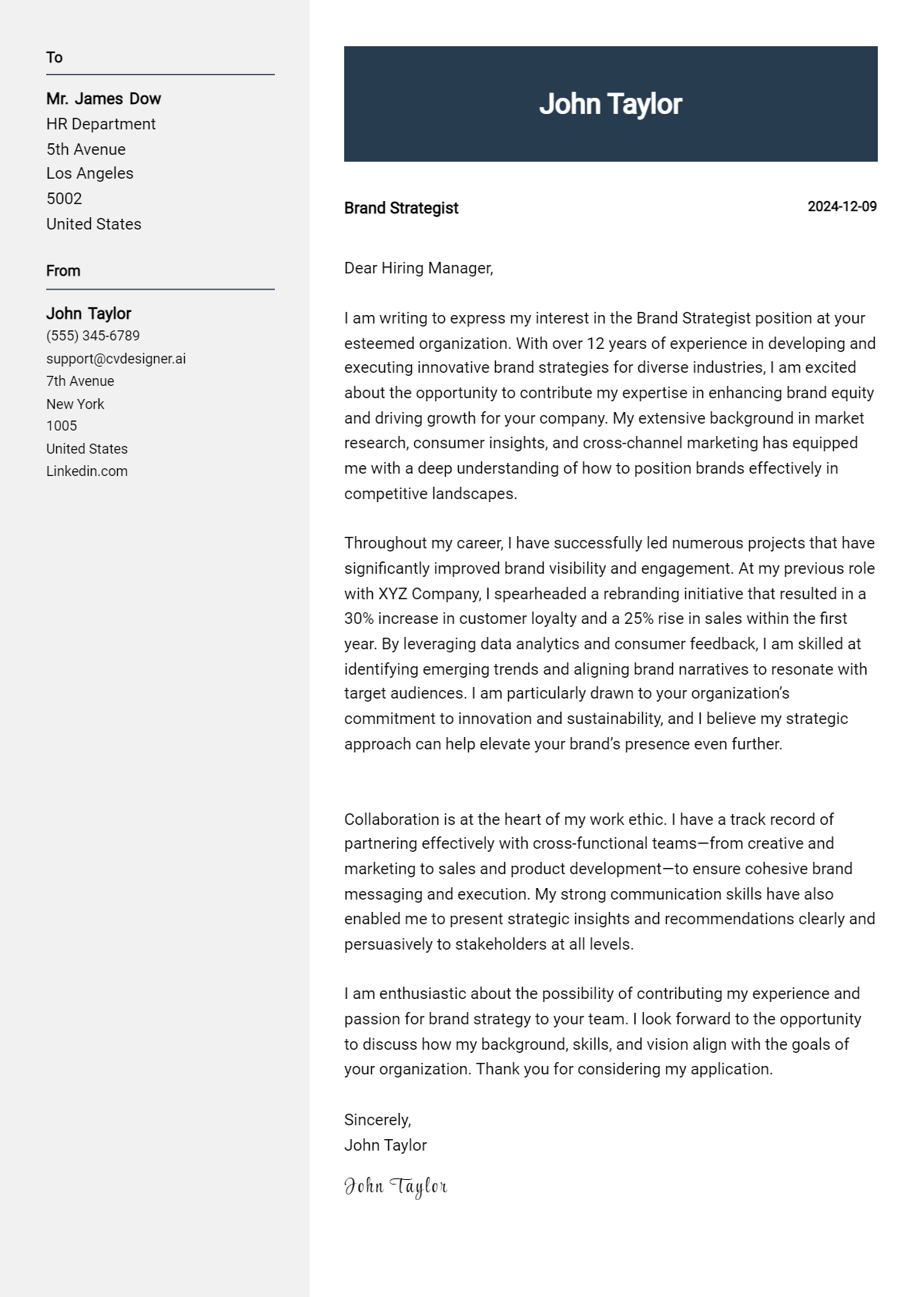 brand strategist cover letter example