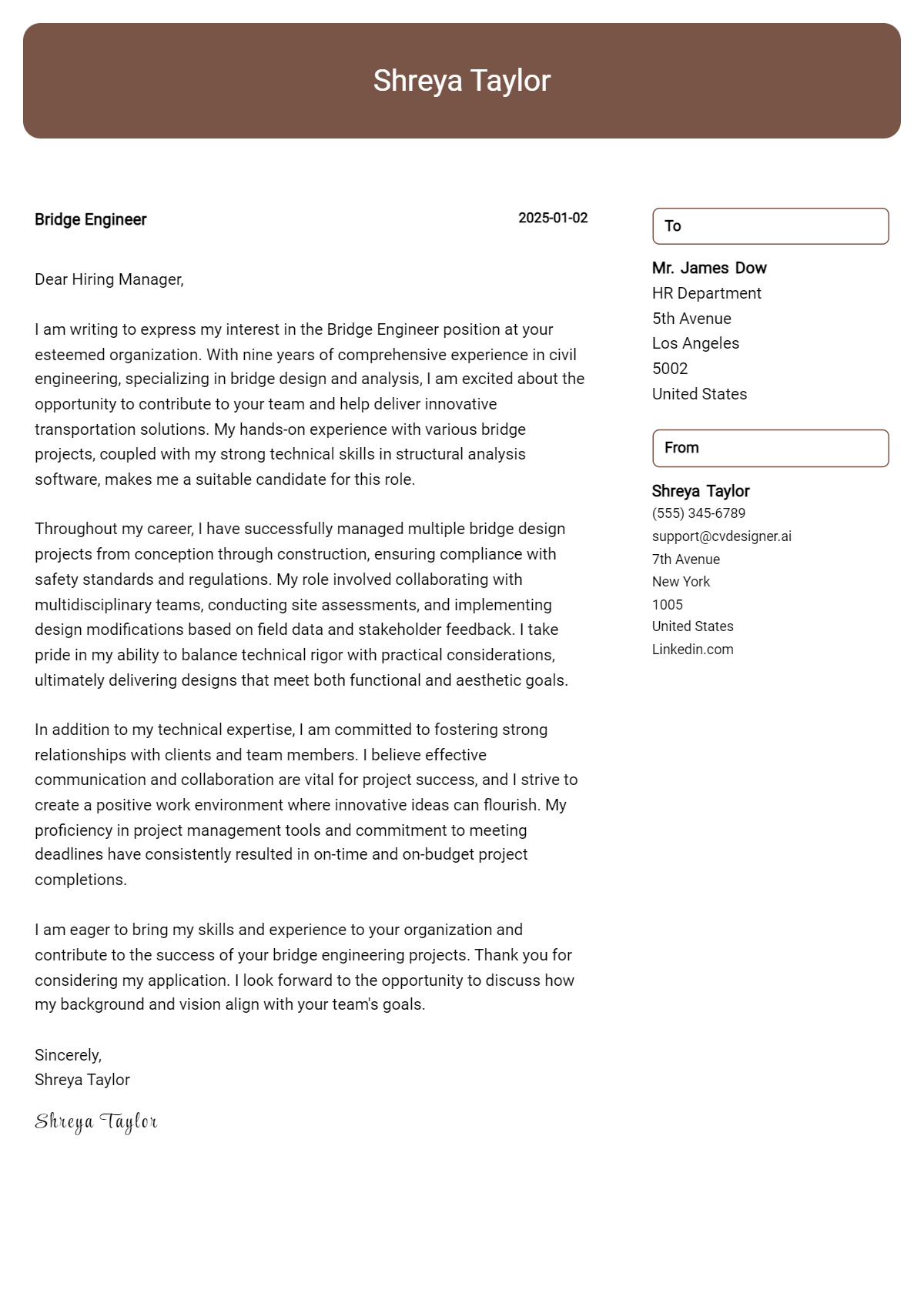 bridge engineer cover letter example