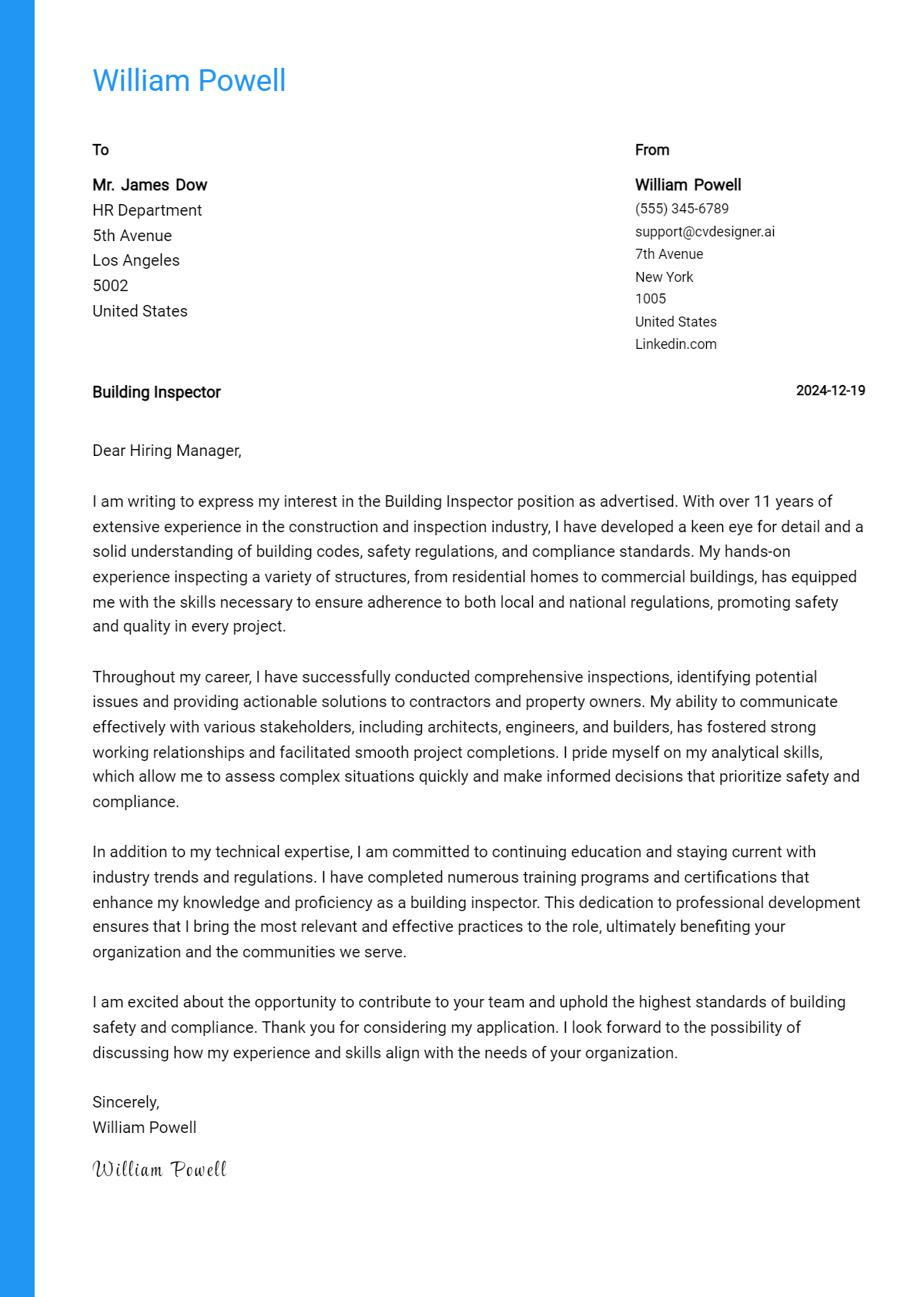 building inspector cover letter example