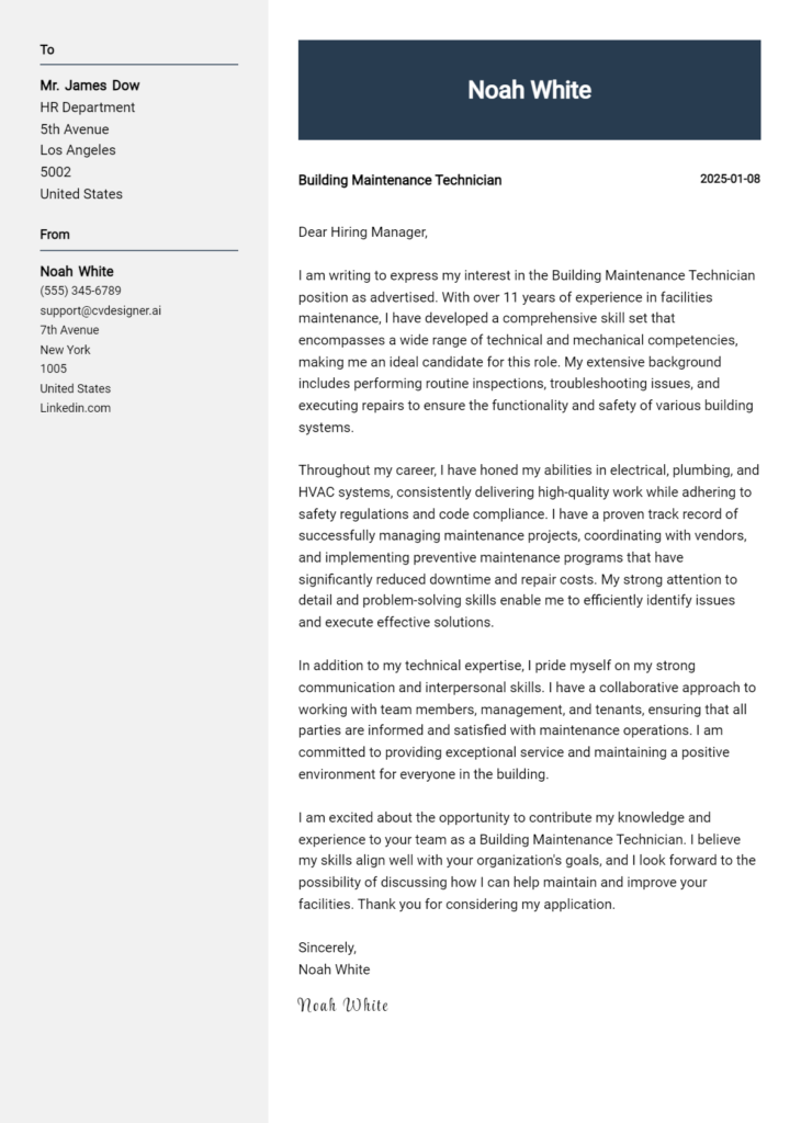 building maintenance technician cover letter example