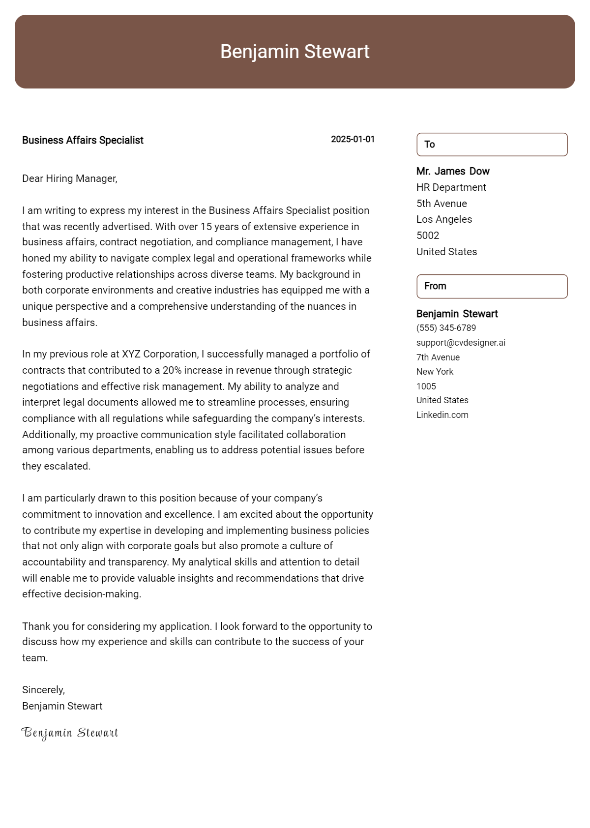 business affairs specialist cover letter example