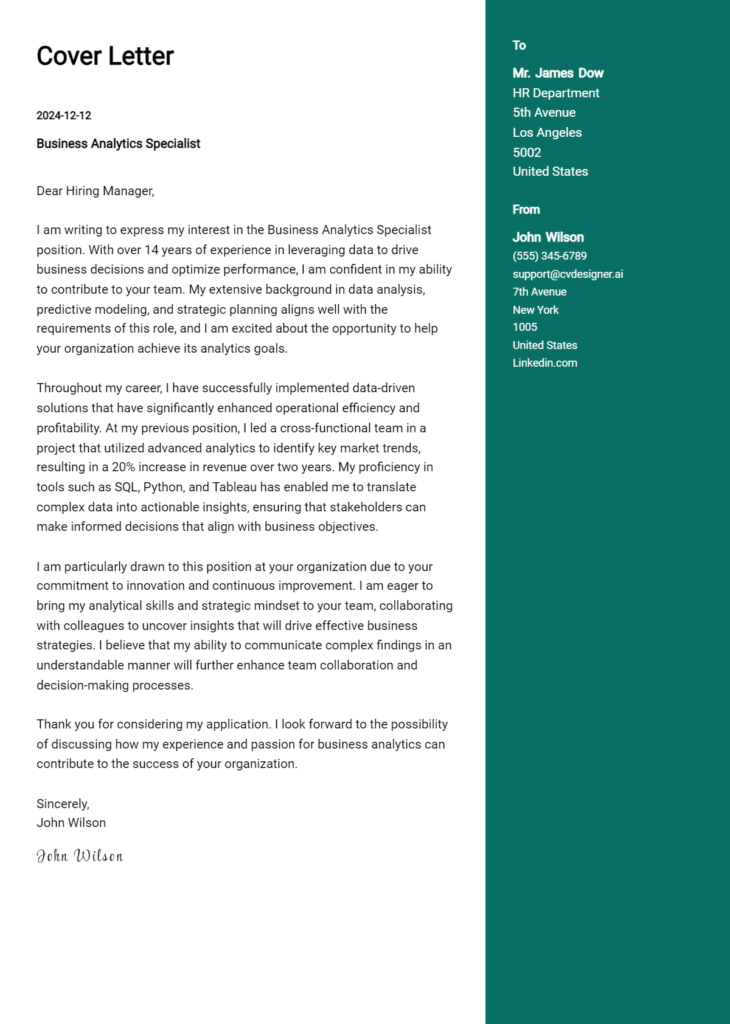 business analytics specialist cover letter example