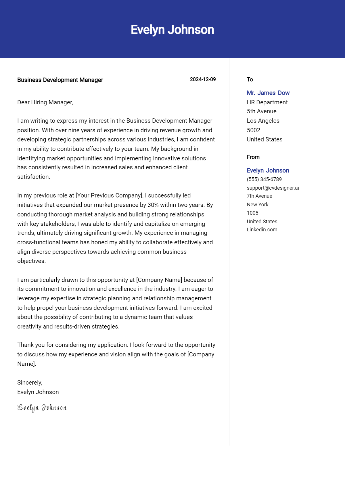 business development manager cover letter example