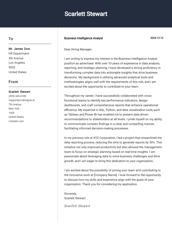 business intelligence analyst cover letter example