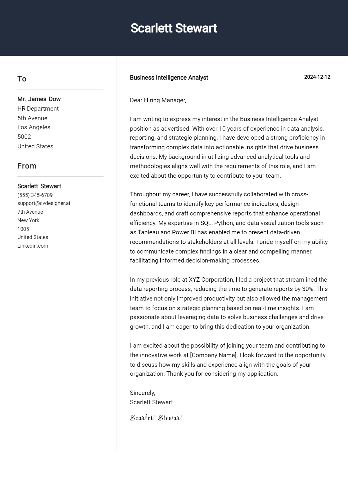 business intelligence analyst cover letter example