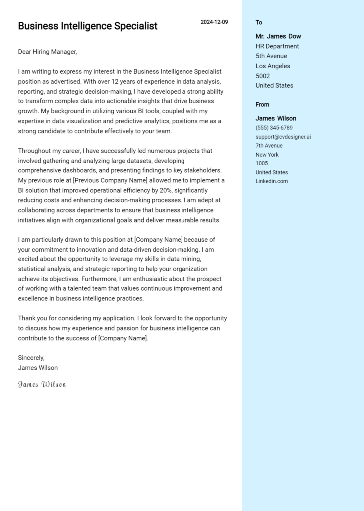 business intelligence specialist cover letter example