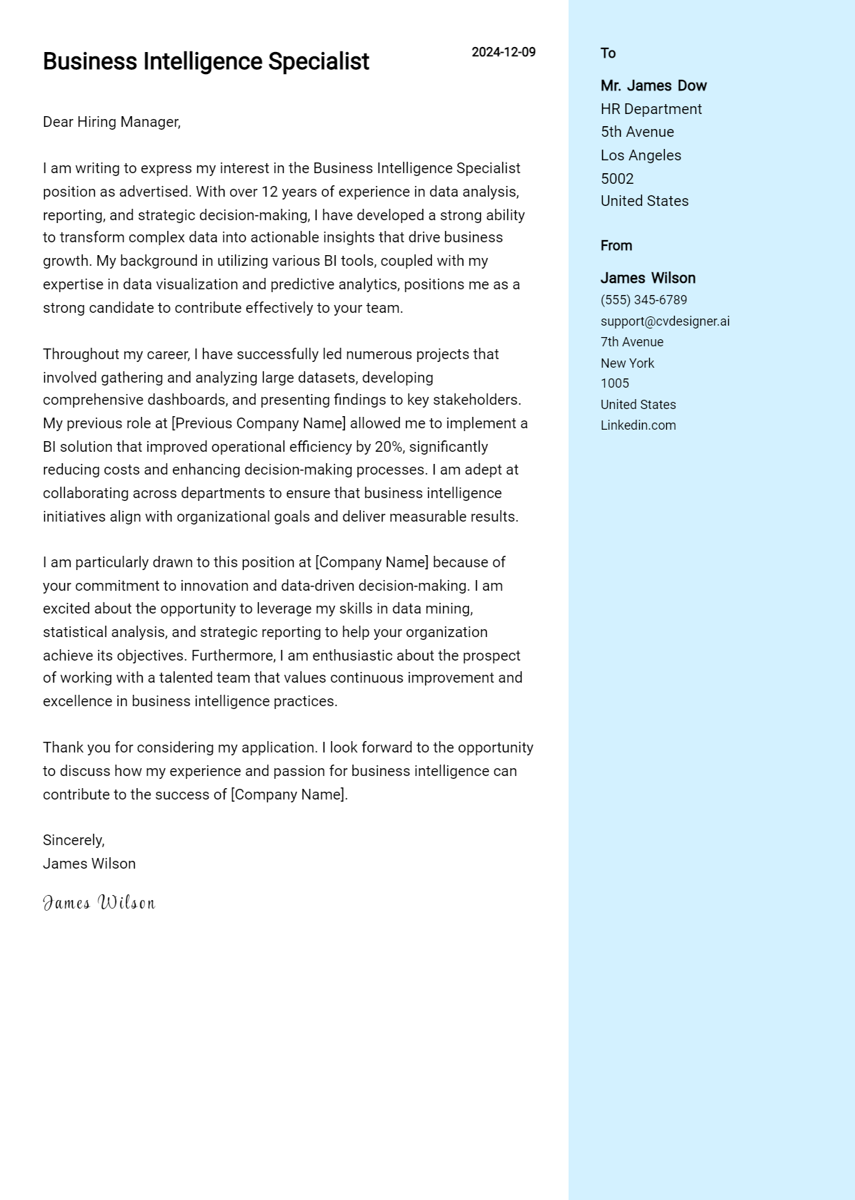 business intelligence specialist cover letter example