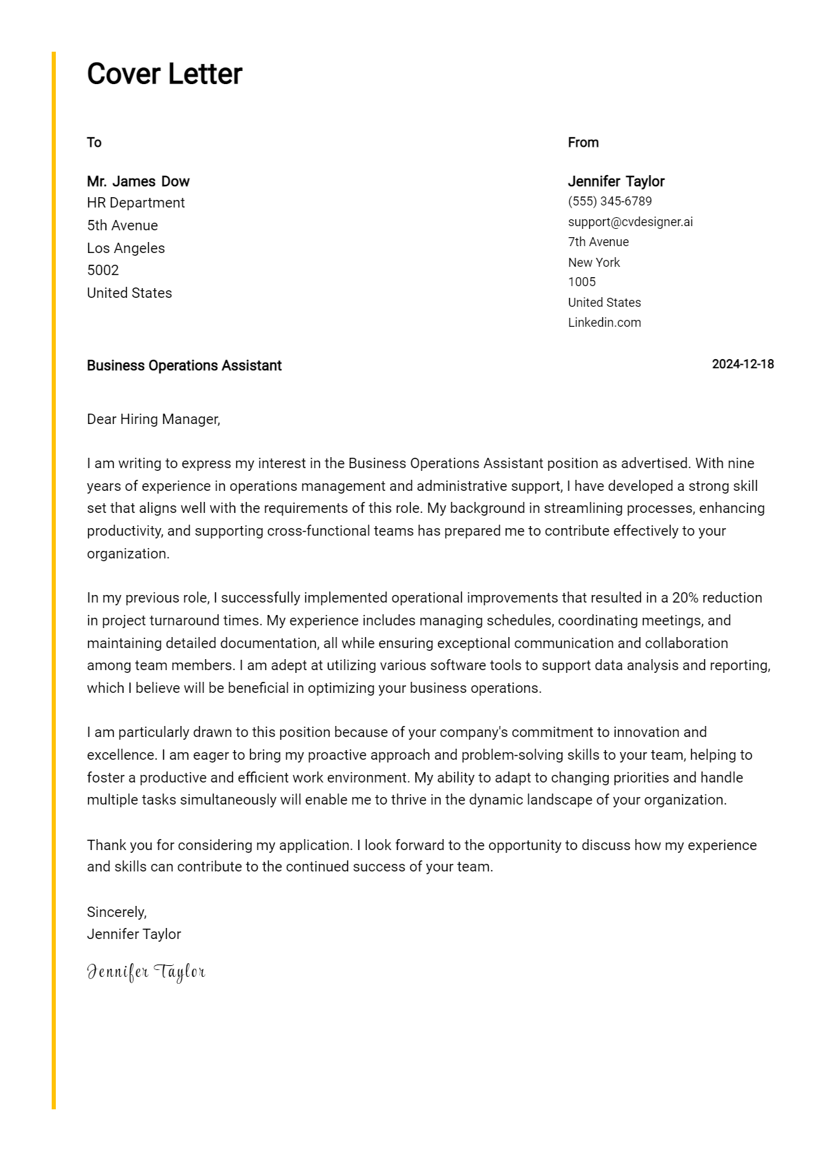 business operations assistant cover letter example