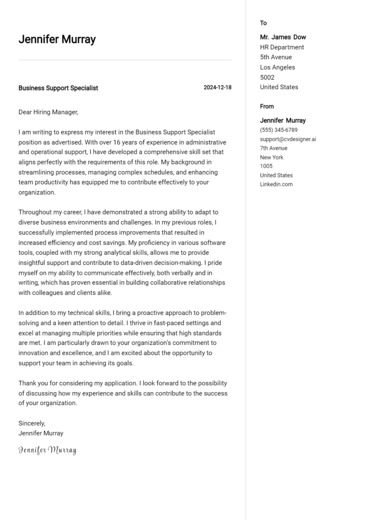 business support specialist cover letter example