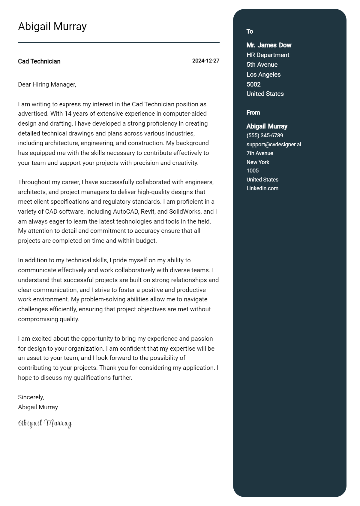 cad technician cover letter example