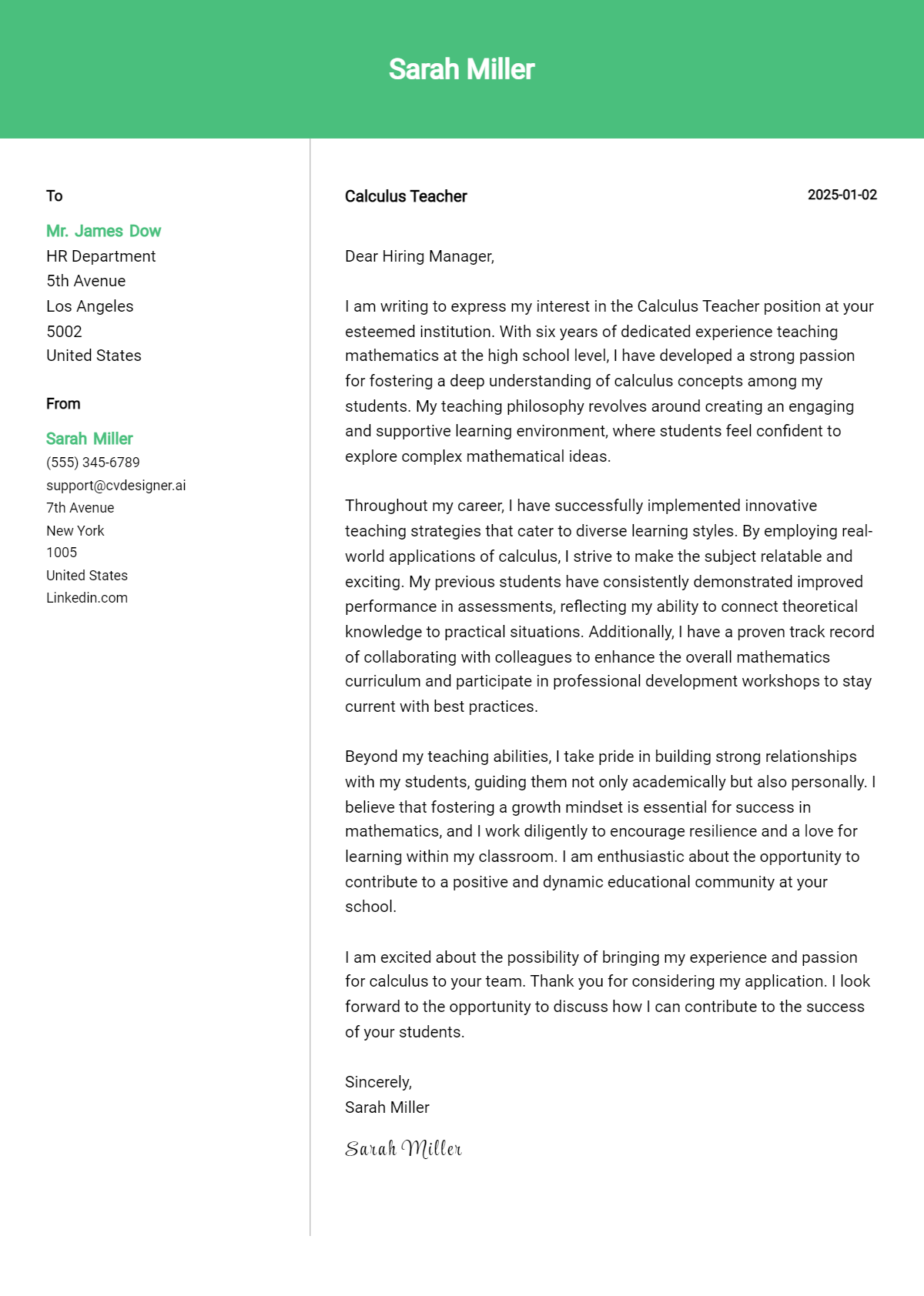 calculus teacher cover letter example