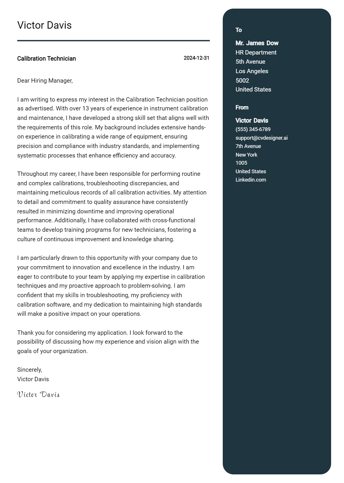 calibration technician cover letter example