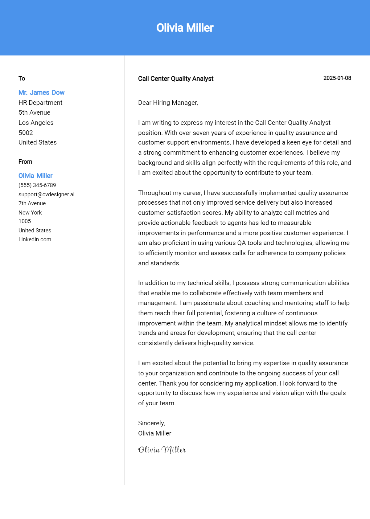 call center quality analyst cover letter example