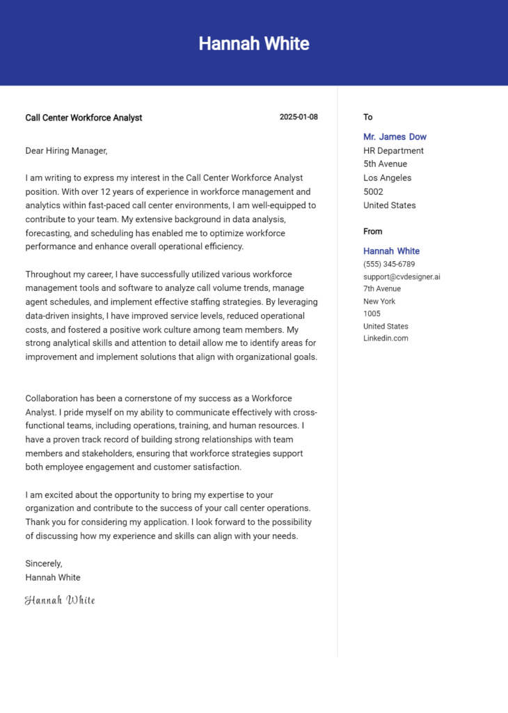 call center workforce analyst cover letter example