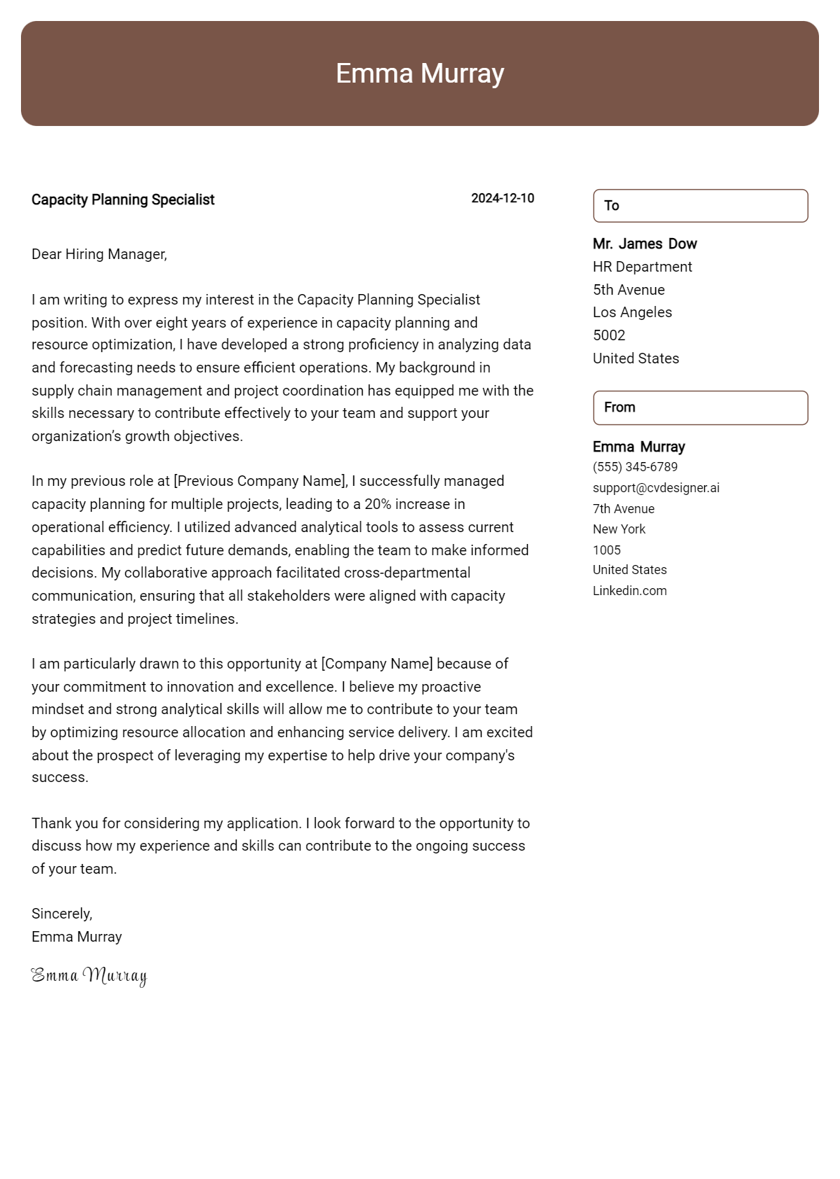 capacity planning specialist cover letter example