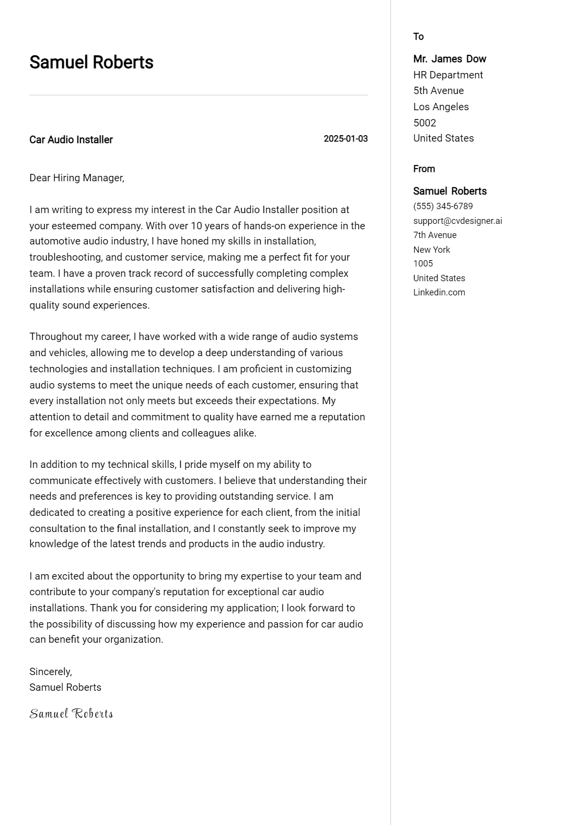 car audio installer cover letter example