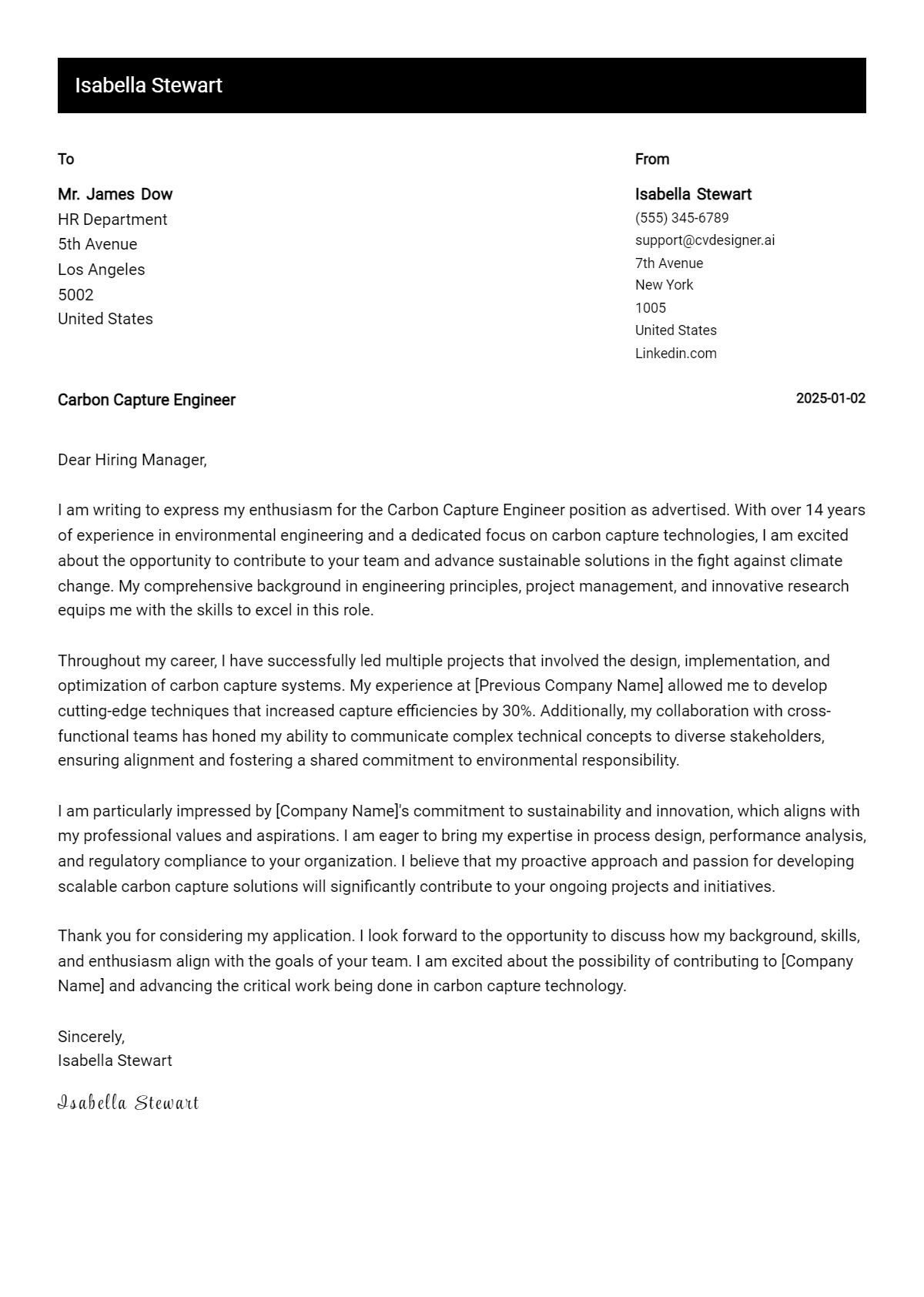 carbon capture engineer cover letter example