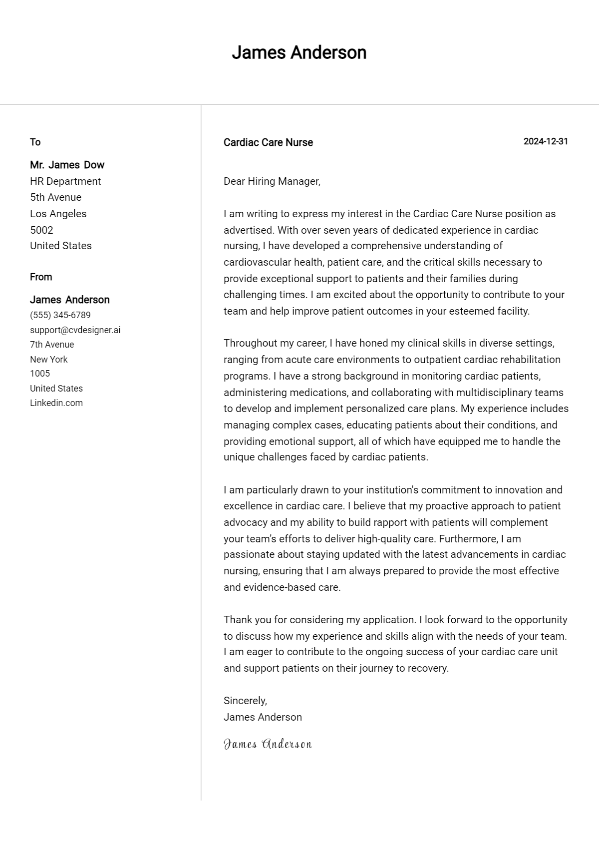 cardiac care nurse cover letter example