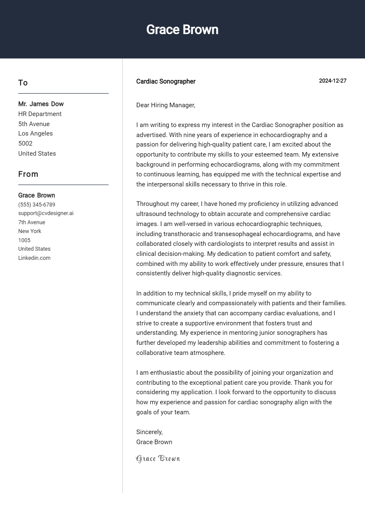 cardiac sonographer cover letter example