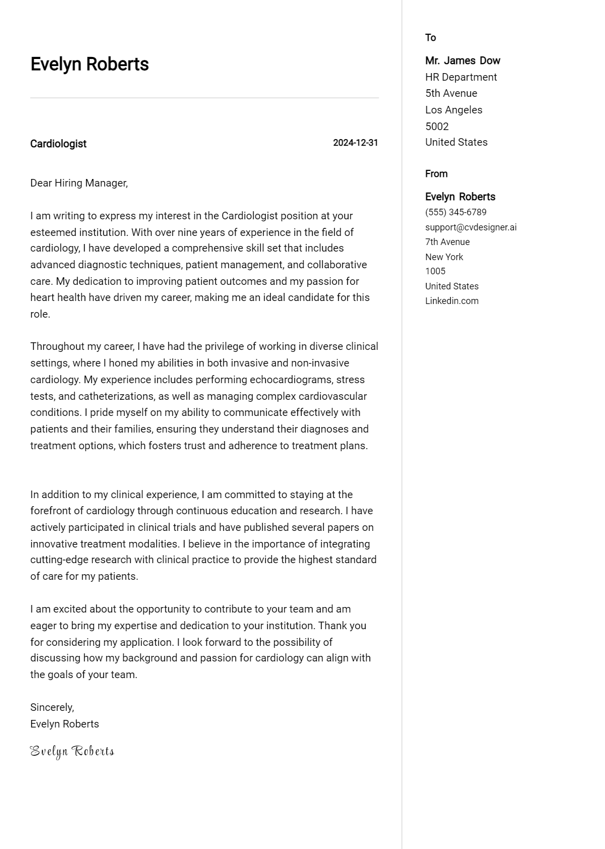 cardiologist cover letter example