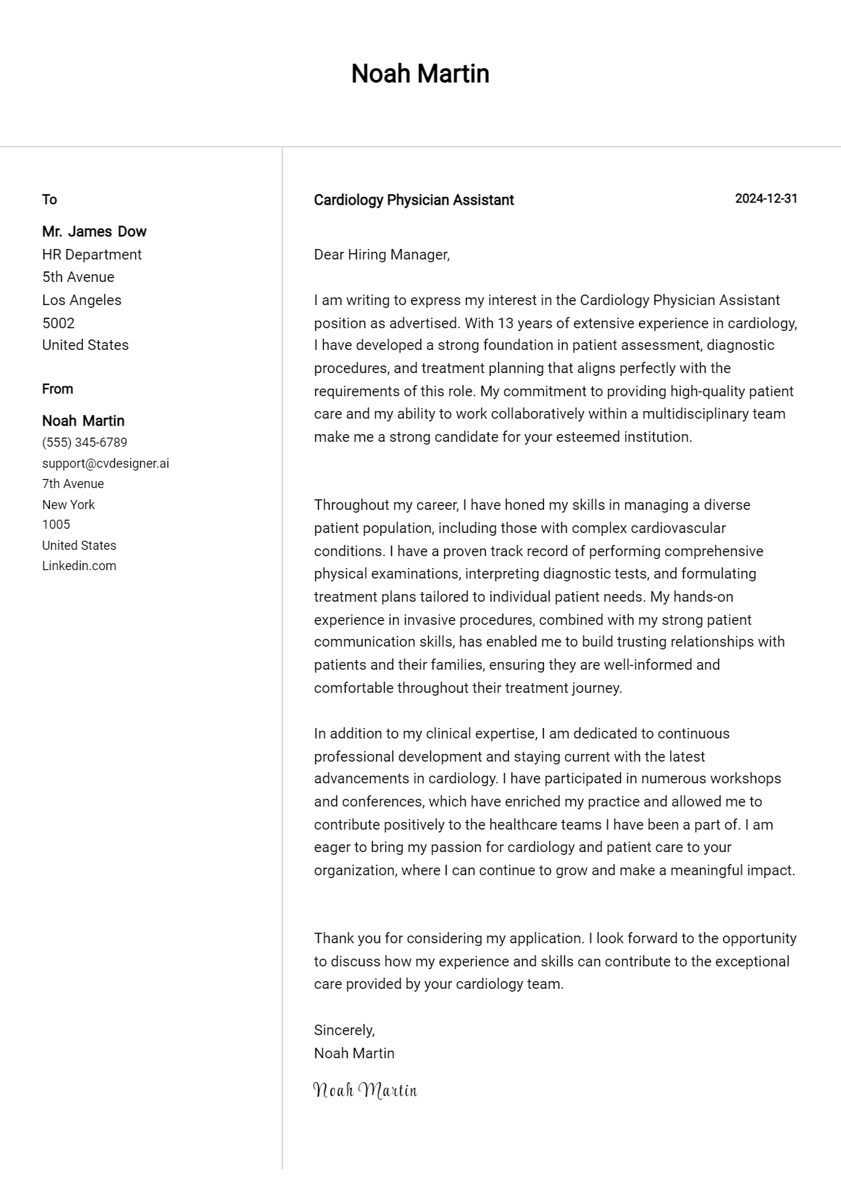 cardiology physician assistant cover letter example