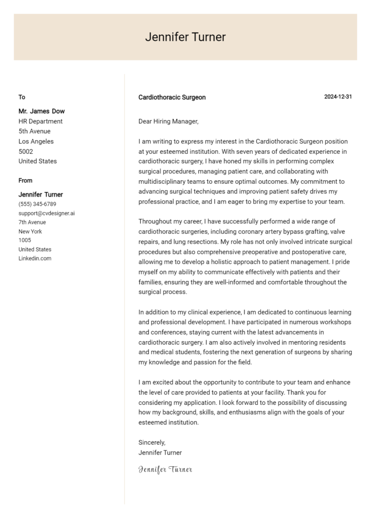 cardiothoracic surgeon cover letter example