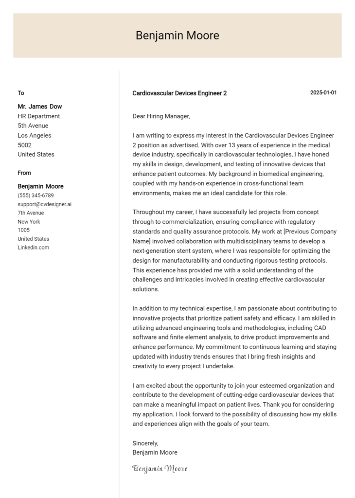 cardiovascular devices engineer 2 cover letter example