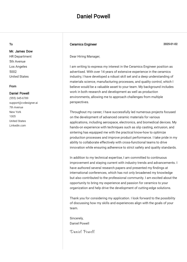 ceramics engineer cover letter example