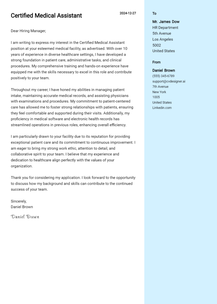 certified medical assistant cover letter example