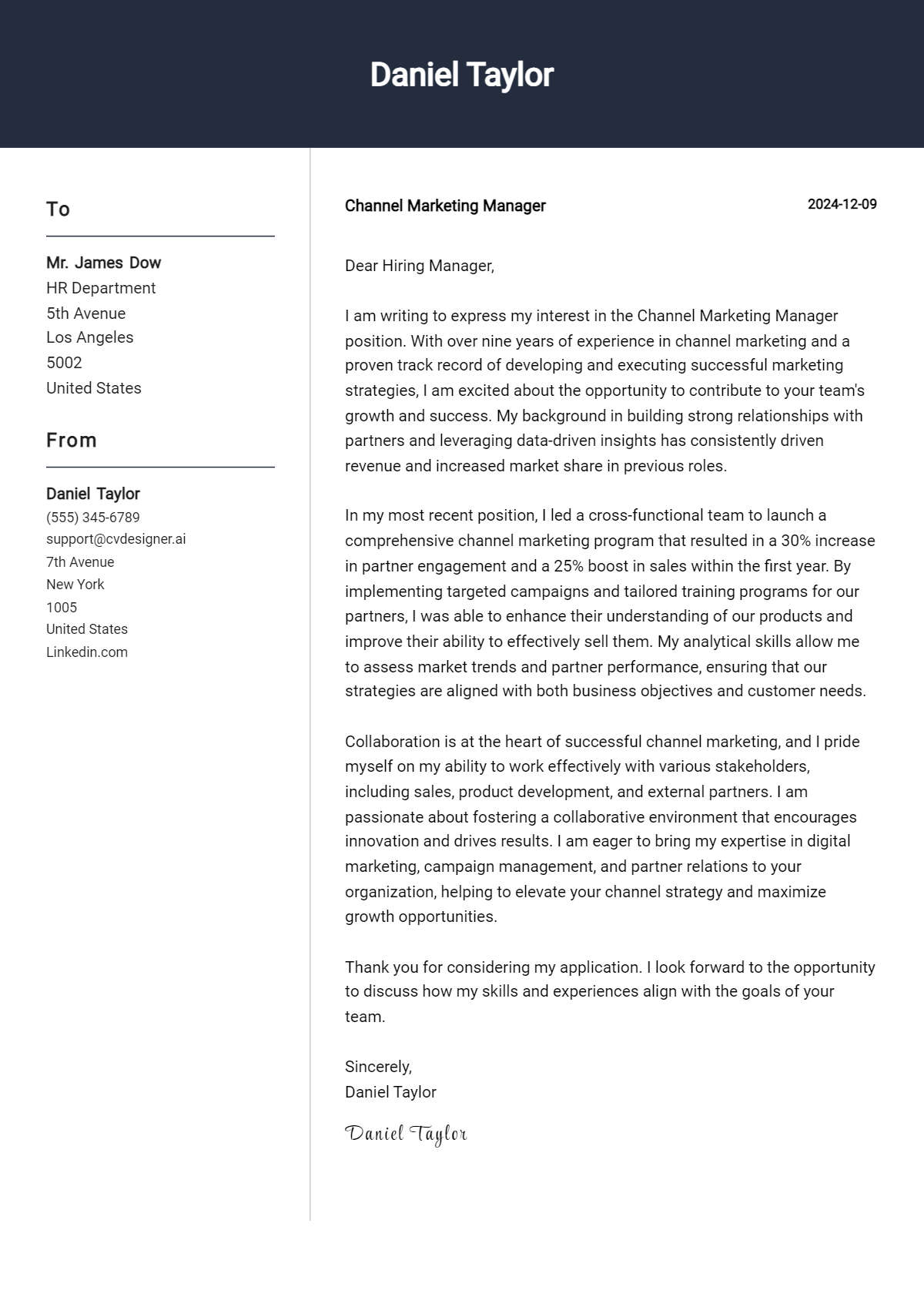 channel marketing manager cover letter example