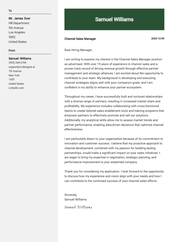 channel sales manager cover letter example