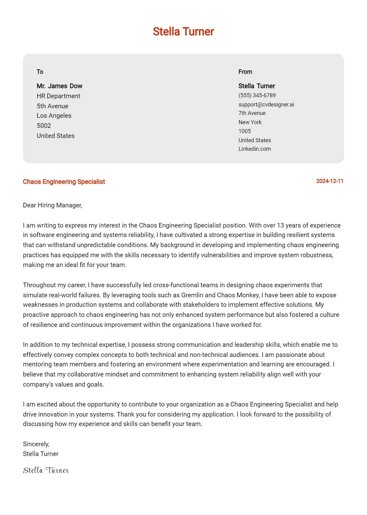 chaos engineering specialist cover letter example