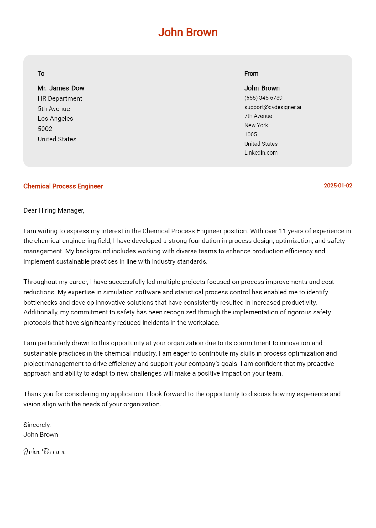 chemical process engineer cover letter example