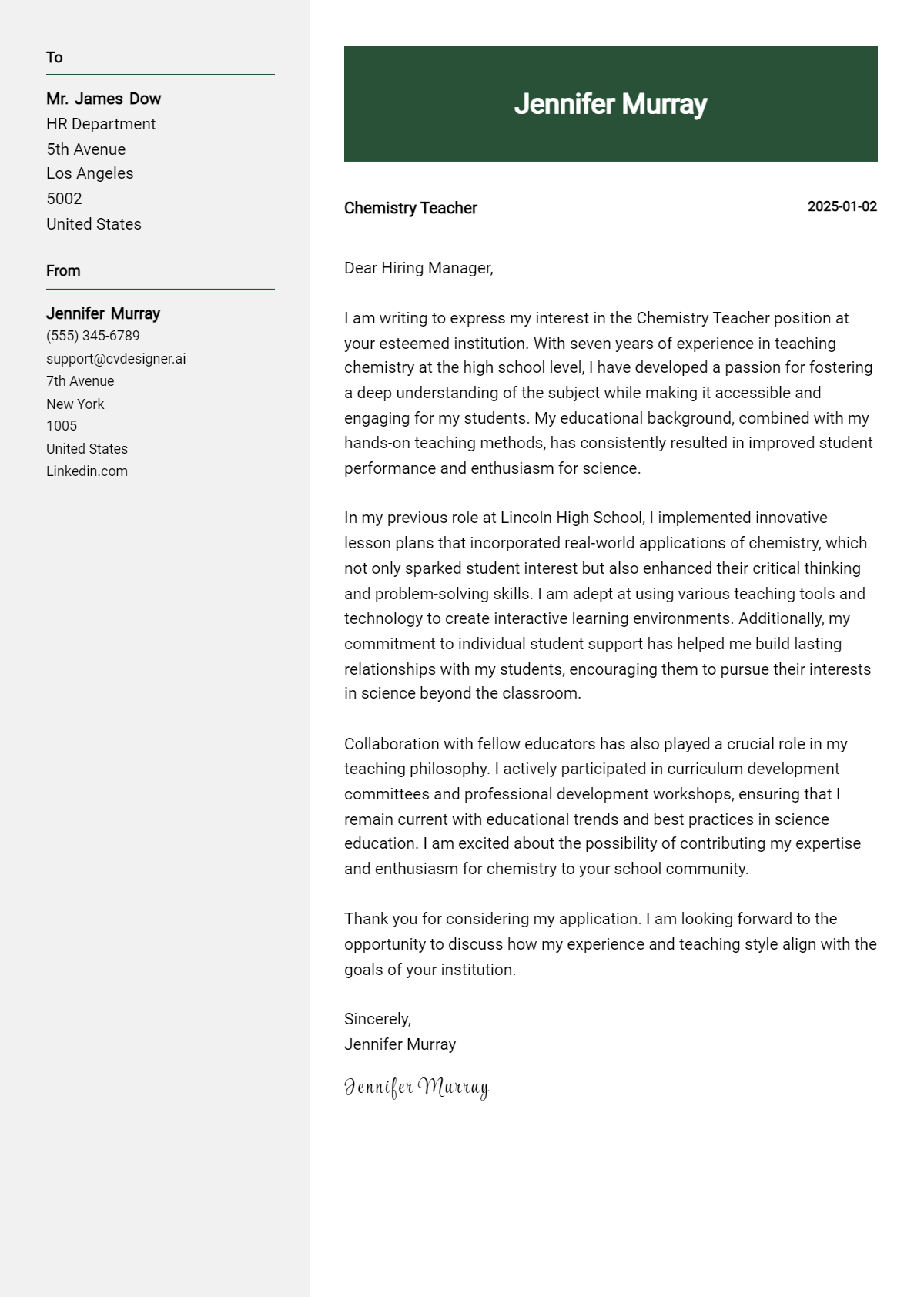 chemistry teacher cover letter example