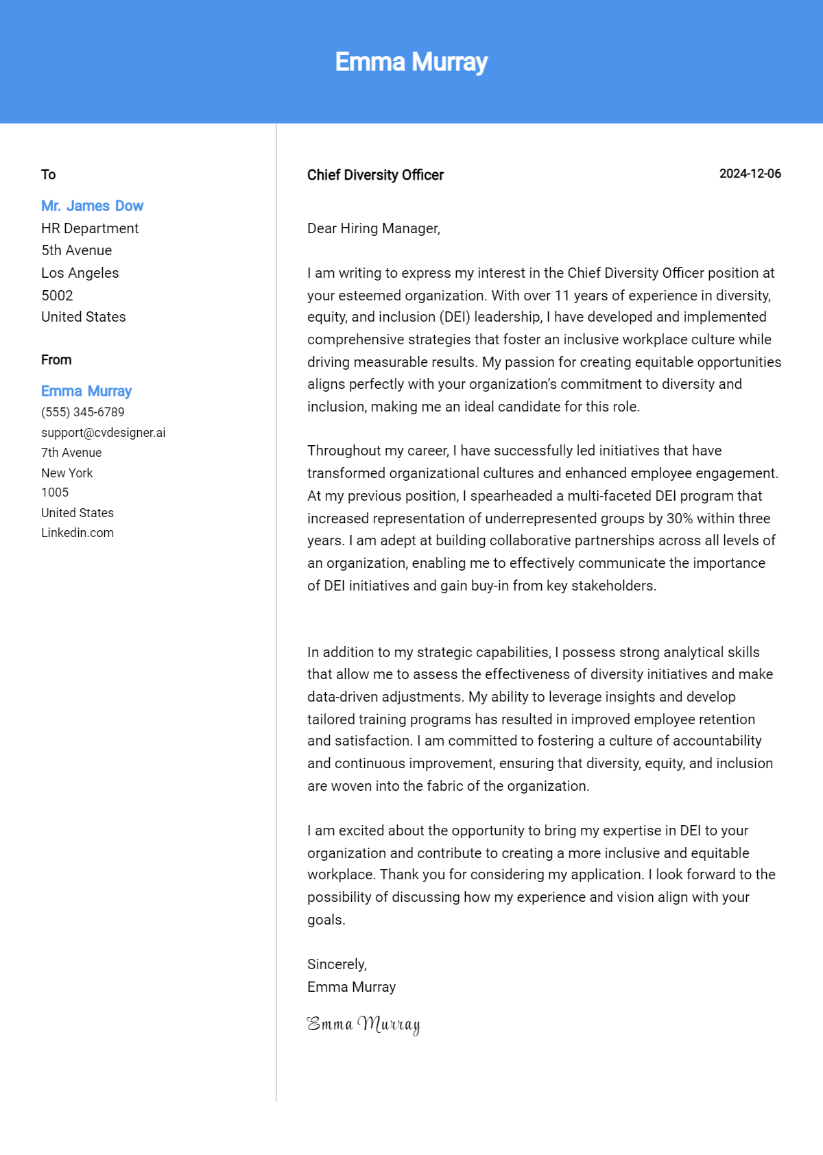 chief diversity officer cover letter example