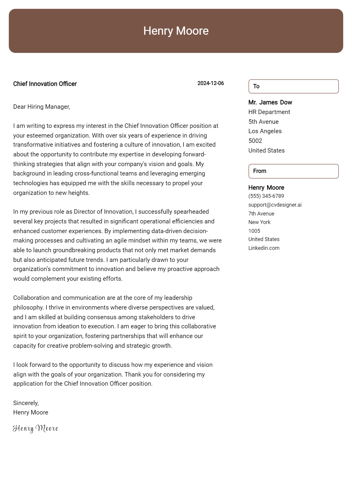 chief innovation officer cover letter example