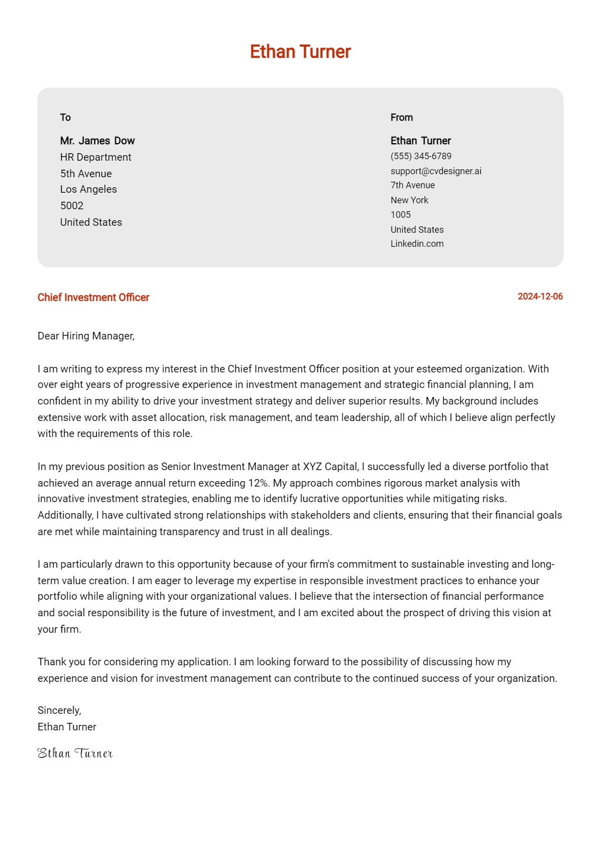 chief investment officer cover letter example