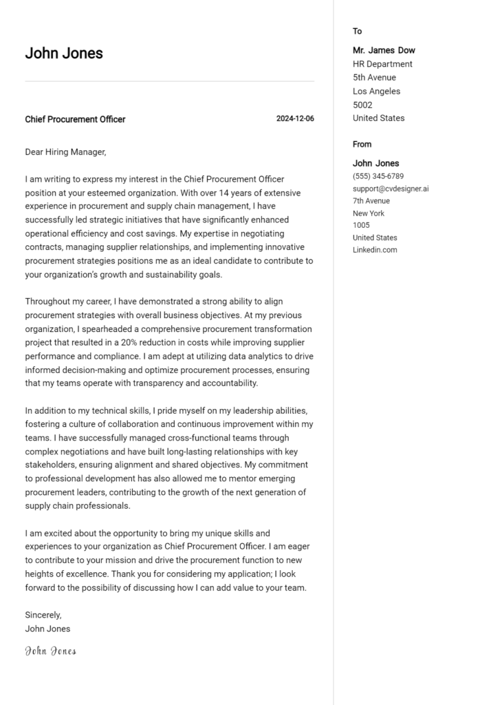 chief procurement officer cover letter example