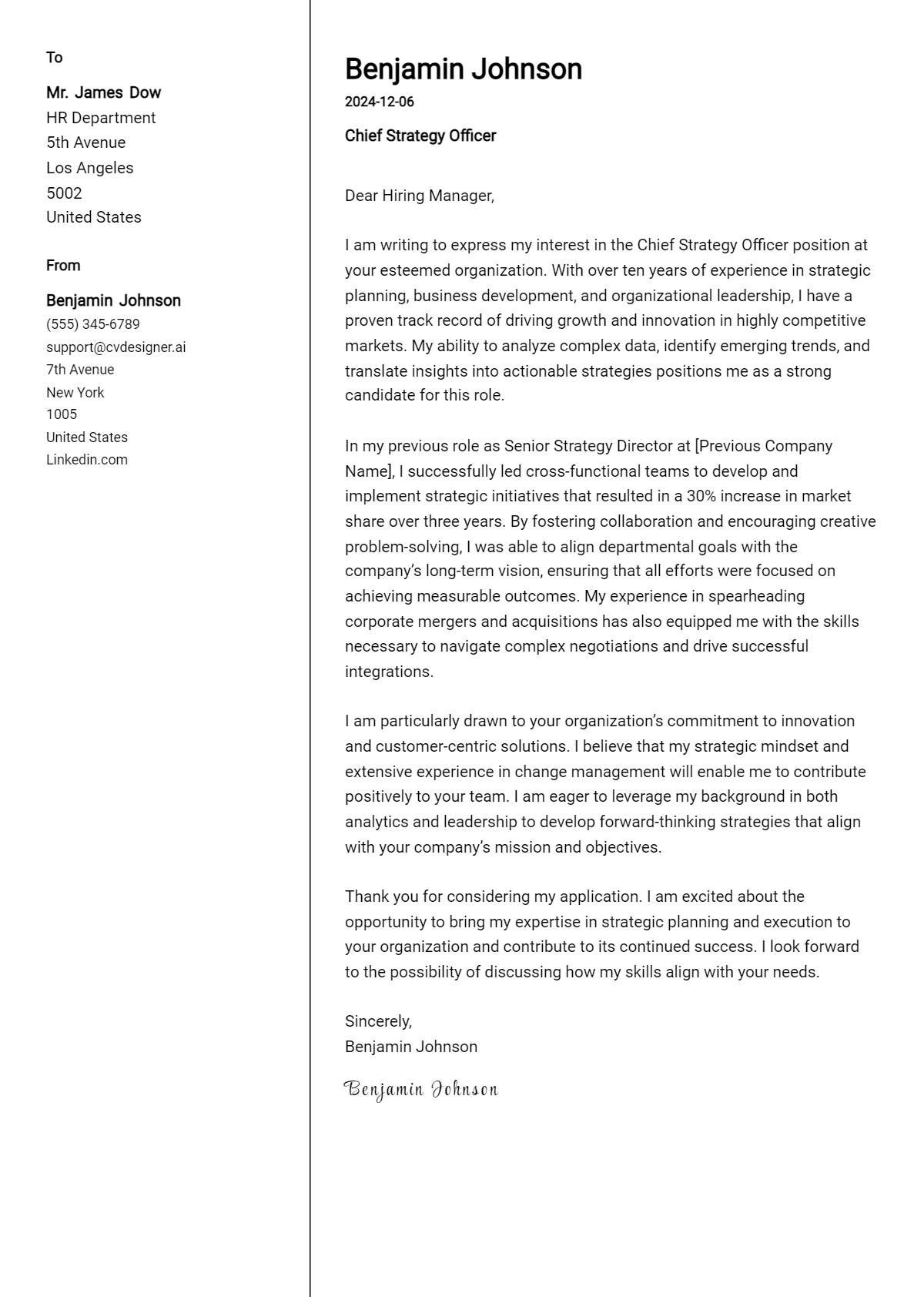 chief strategy officer cover letter example