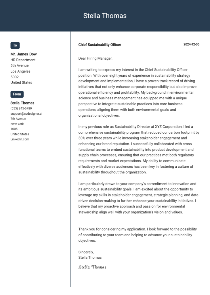 chief sustainability officer cover letter example