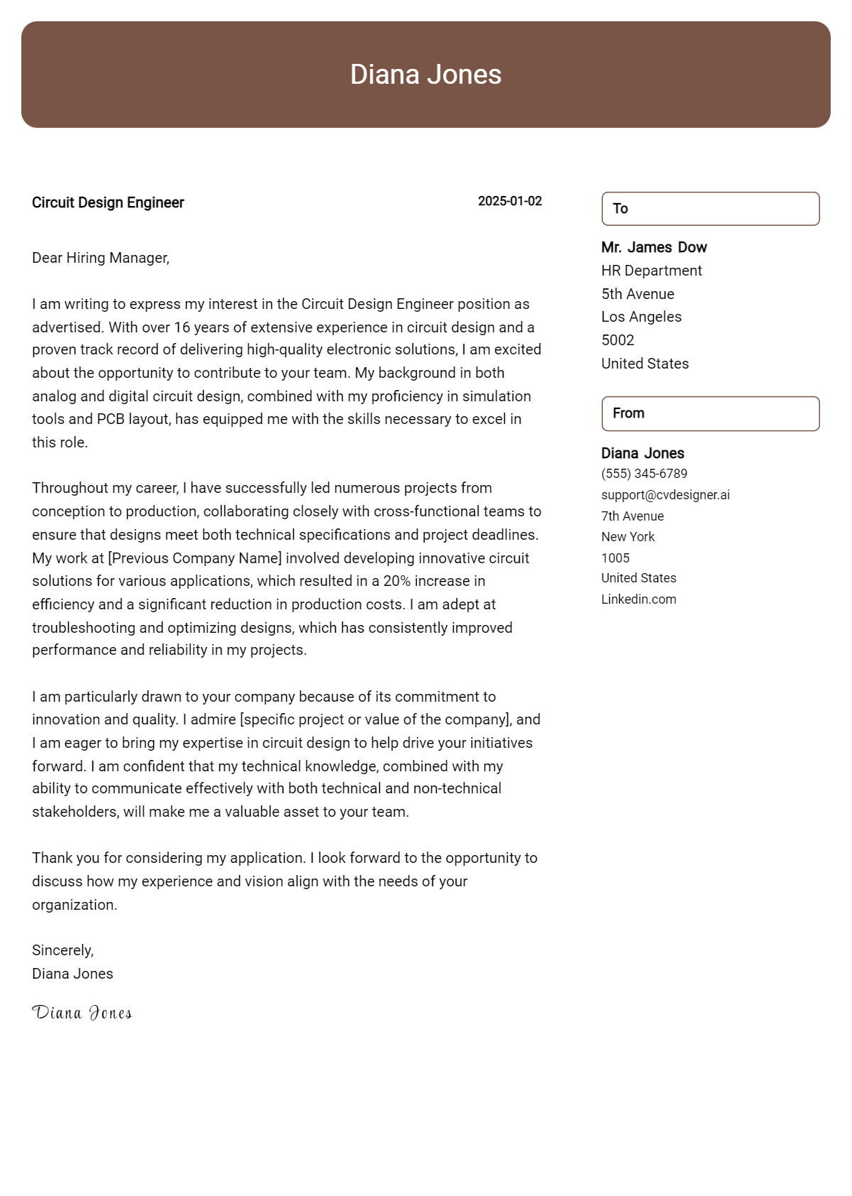 circuit design engineer cover letter example