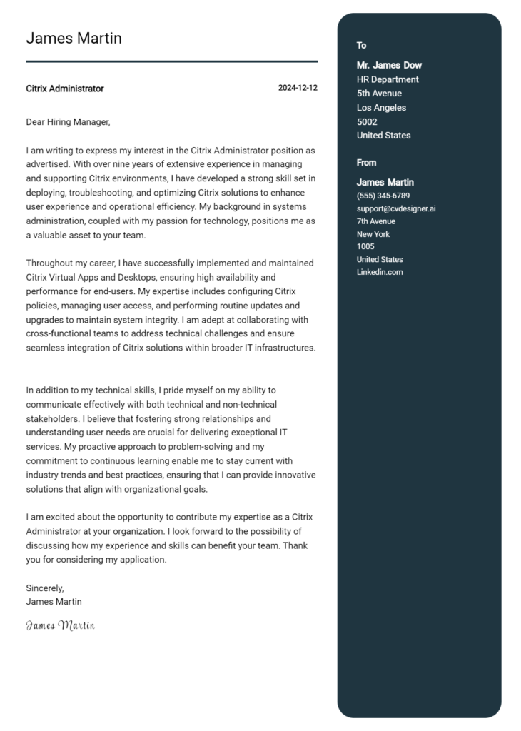 citrix administrator cover letter example